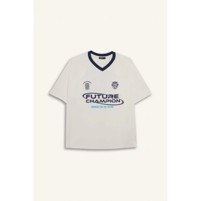 Defacto E4621 Beyaz Coool Oversize Geniş Kalıp V Yaka Sırt Baskılı Kısa Kollu Tişört