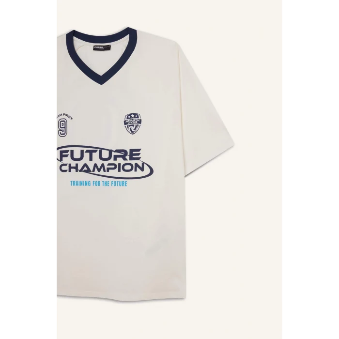 Defacto E4621 Beyaz Coool Oversize Geniş Kalıp V Yaka Sırt Baskılı Kısa Kollu Tişört