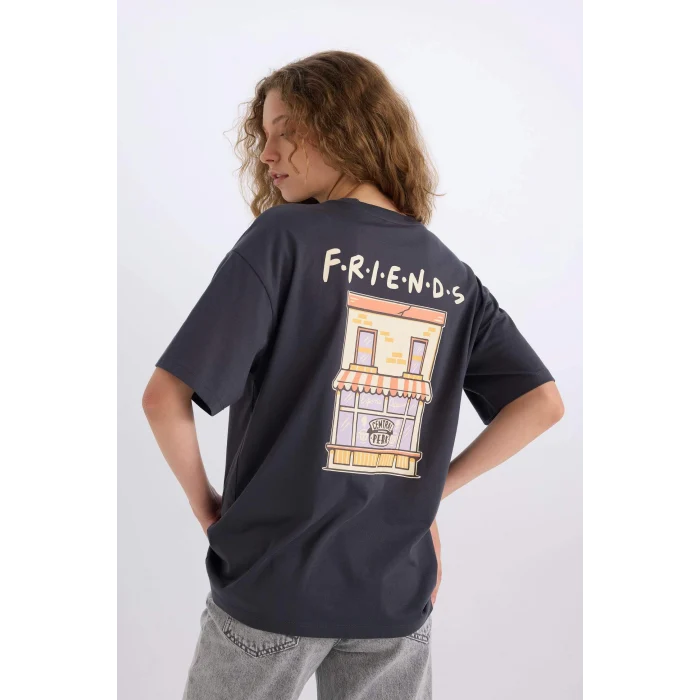 Defacto D9152 Antrasit Sömestr Friends Oversize Geniş Kalıp Bisiklet Yaka Sırt Baskılı Kısa Kollu Tişört