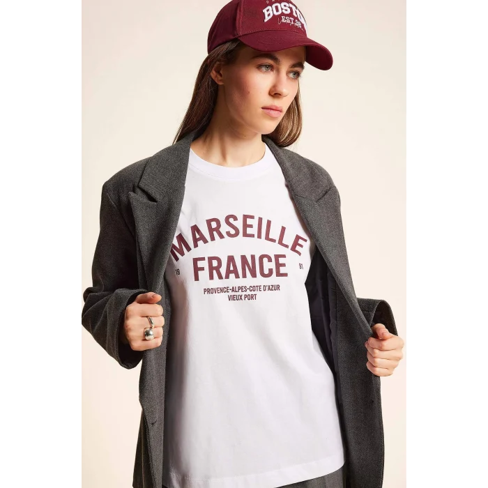 Defacto E2795 Beyaz Oversize Geniş Kalıp Bisiklet Yaka Baskılı Penye Kısa Kollu Tişört