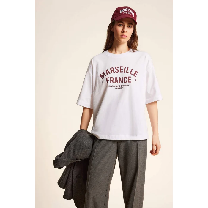 Defacto E2795 Beyaz Oversize Geniş Kalıp Bisiklet Yaka Baskılı Penye Kısa Kollu Tişört