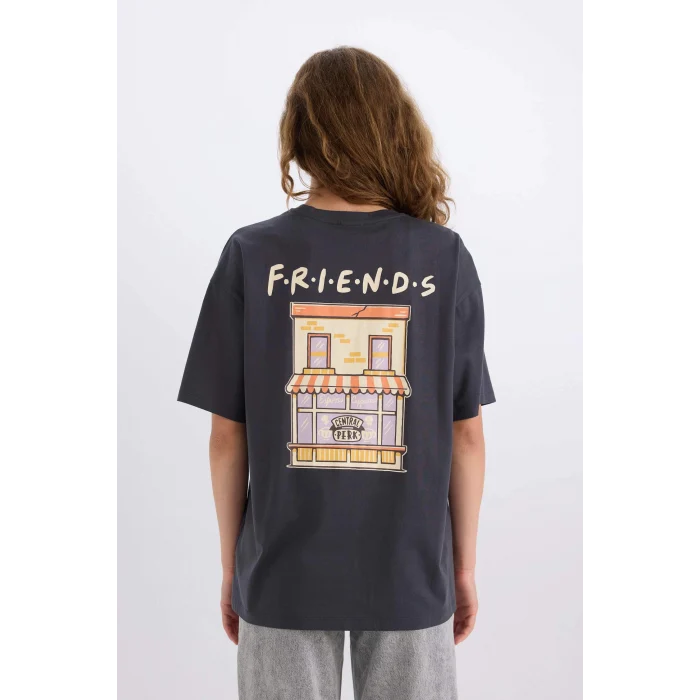 Defacto D9152 Antrasit Sömestr Friends Oversize Geniş Kalıp Bisiklet Yaka Sırt Baskılı Kısa Kollu Tişört