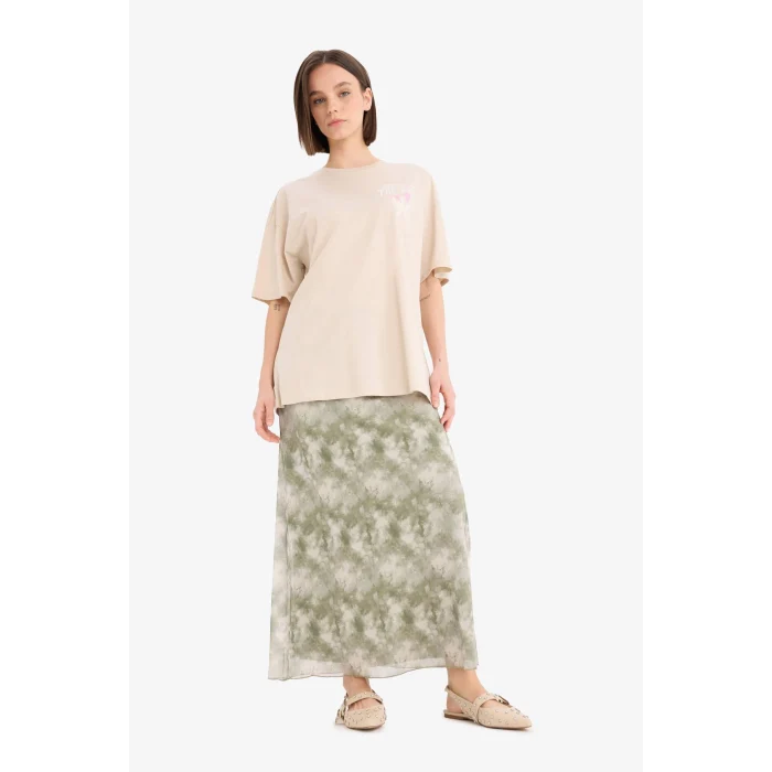 Defacto D9609 Bej Regular Fit Bisiklet Yaka Sırt Baskılı Kısa Kollu Tişört