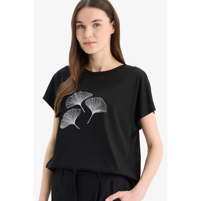 Defacto D8927 Siyah Regular Fit Bisiklet Yaka Baskılı Kısa Kollu Tişört