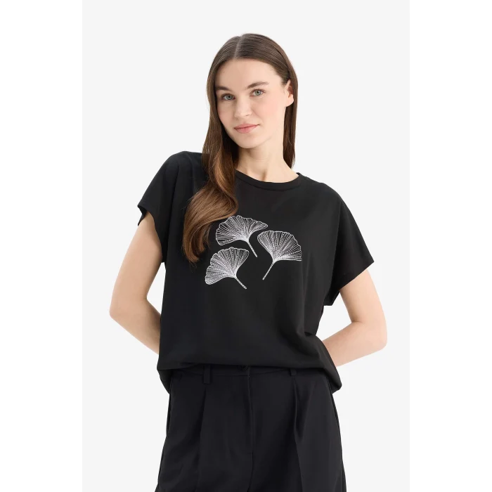 Defacto D8927 Siyah Regular Fit Bisiklet Yaka Baskılı Kısa Kollu Tişört