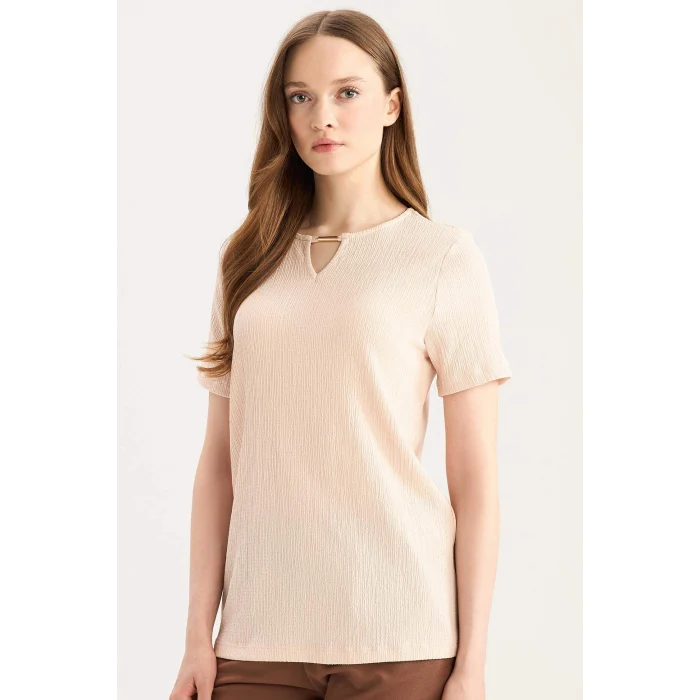 Defacto E0325 Pembe Regular Fit Apaş Yaka Basic Düz Bürümcük Kısa Kollu Tişört