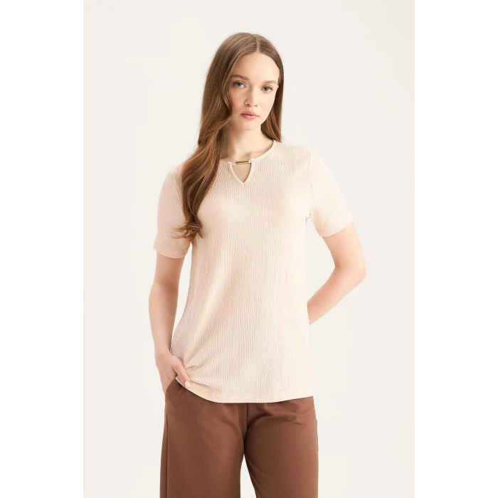 Defacto E0325 Pembe Regular Fit Apaş Yaka Basic Düz Bürümcük Kısa Kollu Tişört