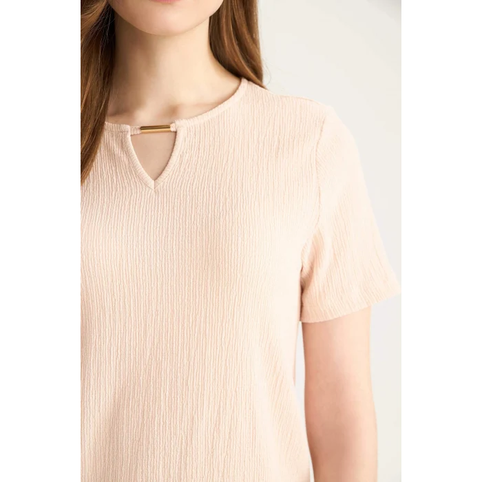 Defacto E0325 Pembe Regular Fit Apaş Yaka Basic Düz Bürümcük Kısa Kollu Tişört