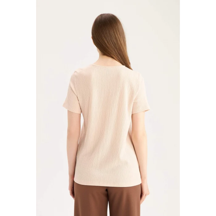 Defacto E0325 Pembe Regular Fit Apaş Yaka Basic Düz Bürümcük Kısa Kollu Tişört