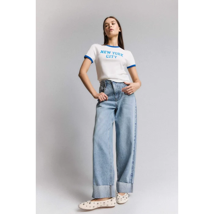 Defacto E7010 Beyaz Regular Fit Bisiklet Yaka Baskılı Ribana Kısa Kollu Tişört