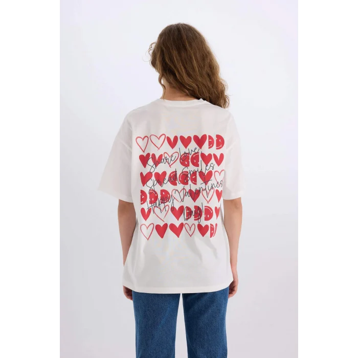 Defacto D9138 Beyaz SmileyWorld Oversize Geniş Kalıp Bisiklet Yaka Sırt Baskılı Kısa Kollu Tişört