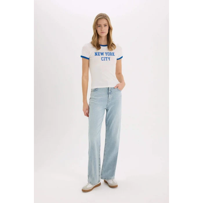 Defacto E7010 Beyaz Regular Fit Bisiklet Yaka Baskılı Ribana Kısa Kollu Tişört