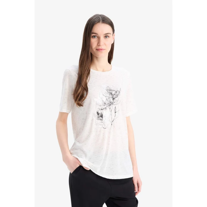 Defacto E0919 Ekru Bisiklet Yaka Baskılı Kısa Kollu Tişört