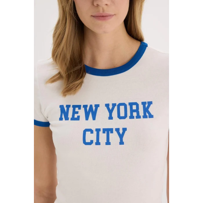 Defacto E7010 Beyaz Regular Fit Bisiklet Yaka Baskılı Ribana Kısa Kollu Tişört