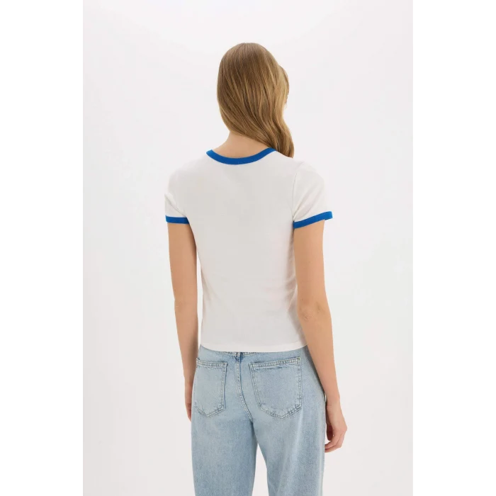 Defacto E7010 Beyaz Regular Fit Bisiklet Yaka Baskılı Ribana Kısa Kollu Tişört