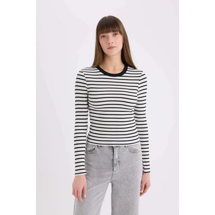 Defacto D3754 Siyah Slim Fit Dar Kesim Bisiklet Yaka Çizgili Uzun Kollu Tişört