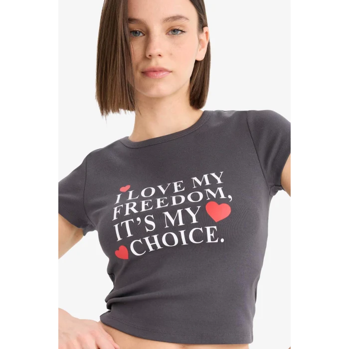 Defacto E7986 Antrasit Coool Fitted Bisiklet Yaka Baskılı Ribana Kısa Kollu Tişört