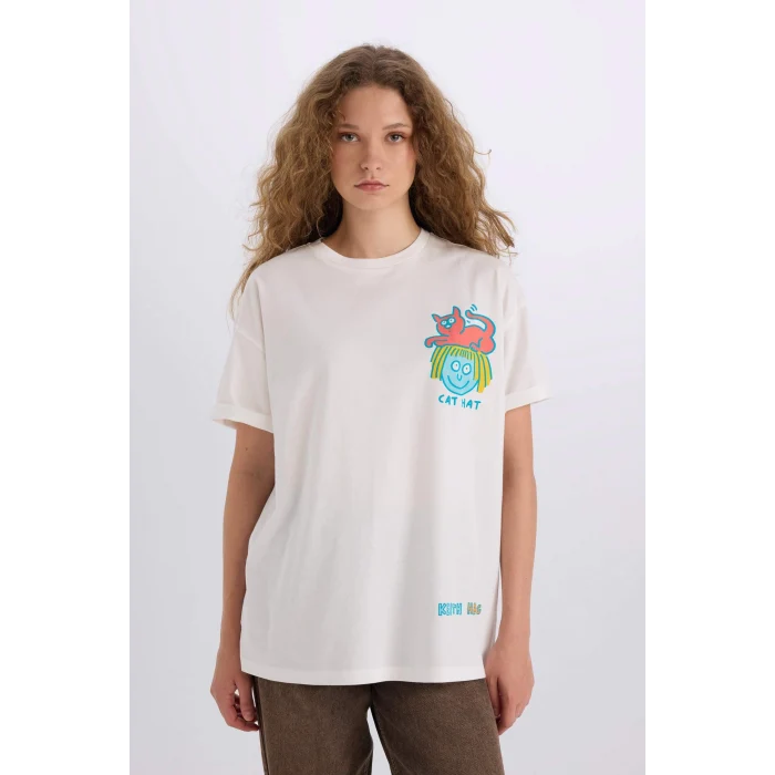 Defacto D9153 Beyaz Keith Haring Oversize Geniş Kalıp Bisiklet Yaka Sırt Baskılı Kısa Kollu Tişört