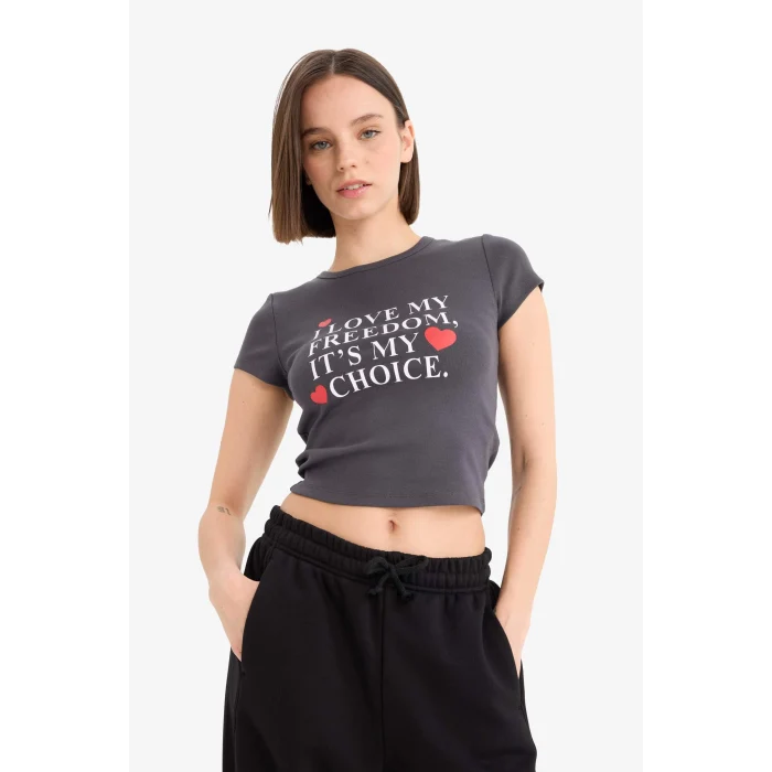 Defacto E7986 Antrasit Coool Fitted Bisiklet Yaka Baskılı Ribana Kısa Kollu Tişört