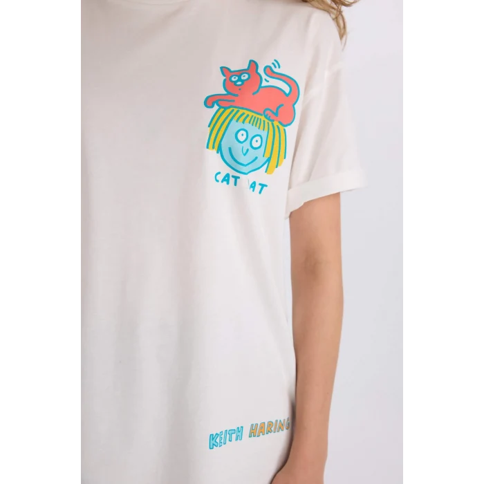 Defacto D9153 Beyaz Keith Haring Oversize Geniş Kalıp Bisiklet Yaka Sırt Baskılı Kısa Kollu Tişört