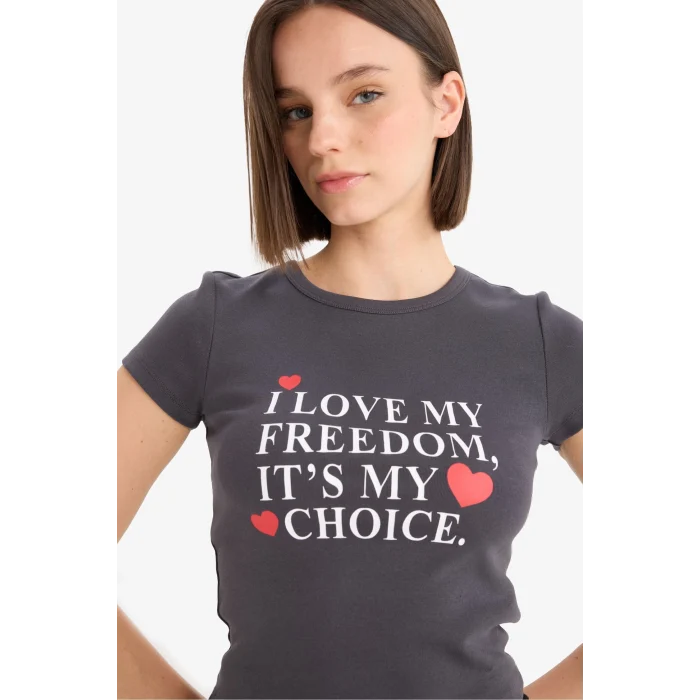 Defacto E7986 Antrasit Coool Fitted Bisiklet Yaka Baskılı Ribana Kısa Kollu Tişört