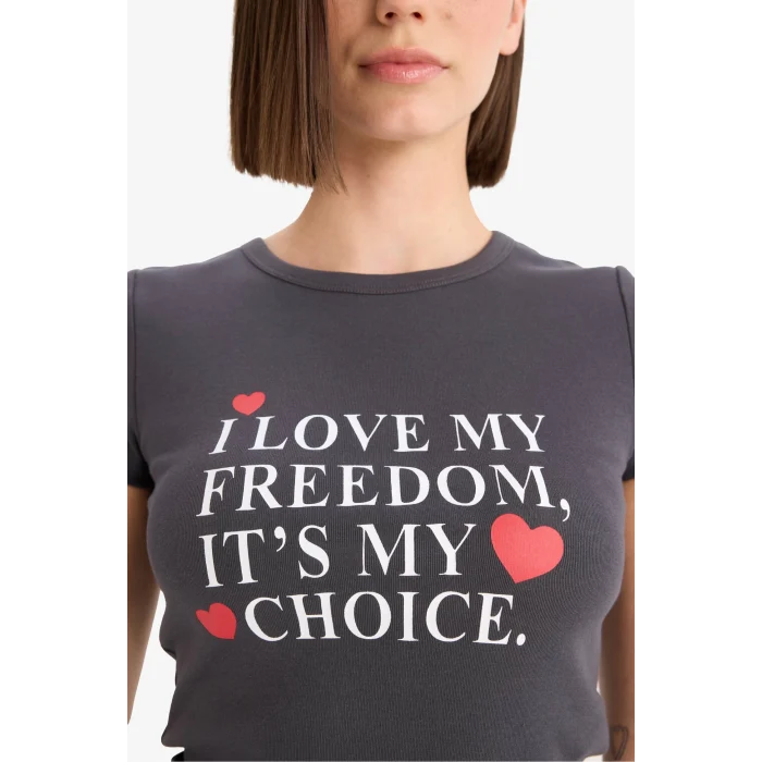 Defacto E7986 Antrasit Coool Fitted Bisiklet Yaka Baskılı Ribana Kısa Kollu Tişört