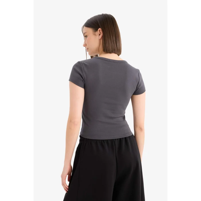 Defacto E7986 Antrasit Coool Fitted Bisiklet Yaka Baskılı Ribana Kısa Kollu Tişört