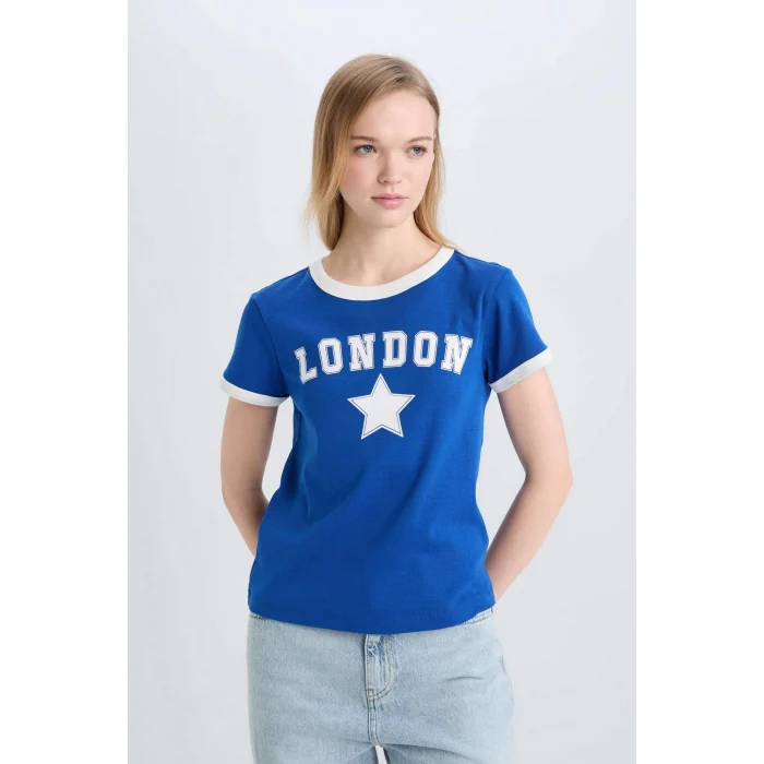 Defacto E0676 Mavi Coool Regular Fit Bisiklet Yaka Baskılı Ribana Kısa Kollu Tişört