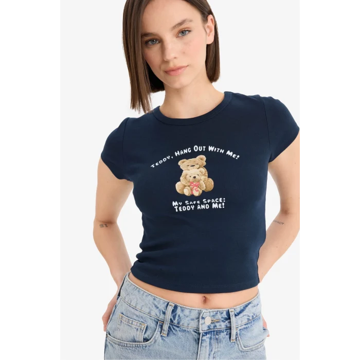 Defacto E7991 Lacivert Coool Fitted Bisiklet Yaka Fotoğraf Baskılı Ribana Kısa Kollu Tişört