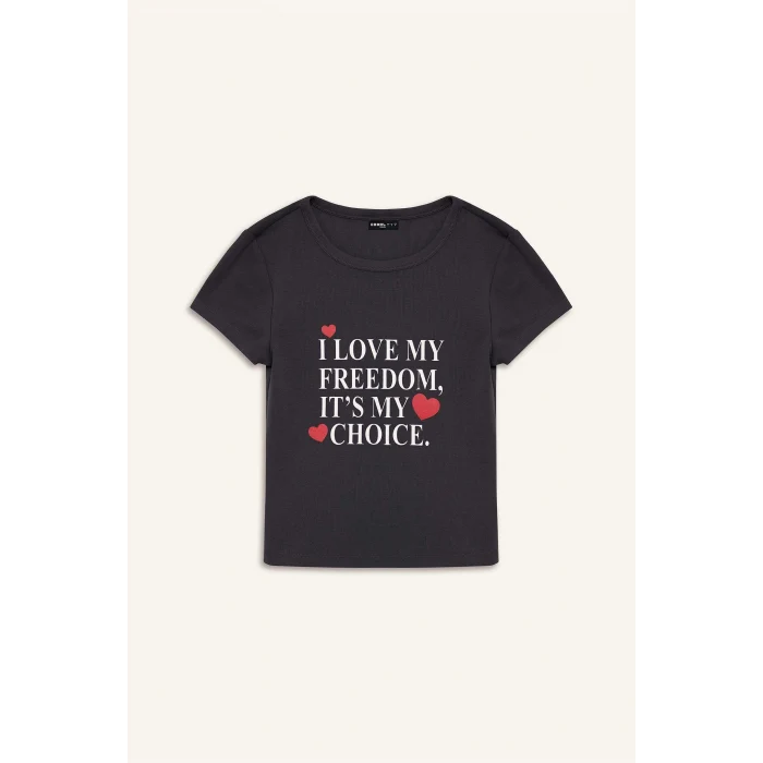 Defacto E7986 Antrasit Coool Fitted Bisiklet Yaka Baskılı Ribana Kısa Kollu Tişört