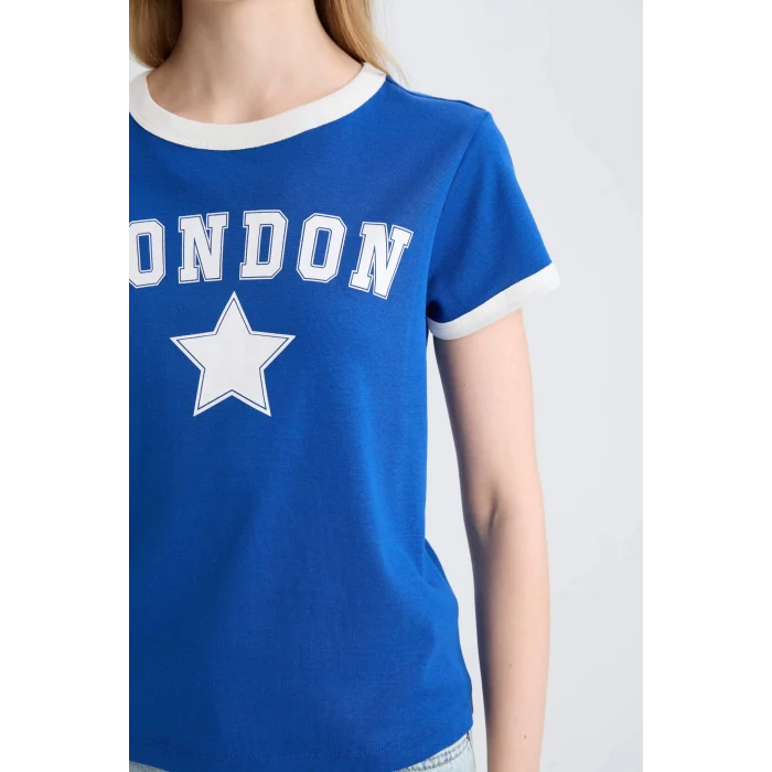 Defacto E0676 Mavi Coool Regular Fit Bisiklet Yaka Baskılı Ribana Kısa Kollu Tişört