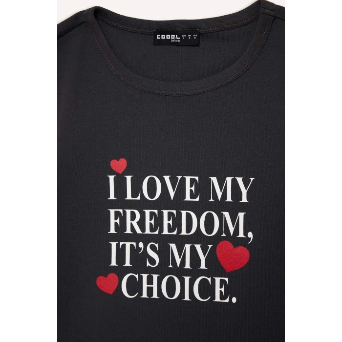 Defacto E7986 Antrasit Coool Fitted Bisiklet Yaka Baskılı Ribana Kısa Kollu Tişört