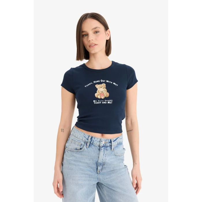 Defacto E7991 Lacivert Coool Fitted Bisiklet Yaka Fotoğraf Baskılı Ribana Kısa Kollu Tişört