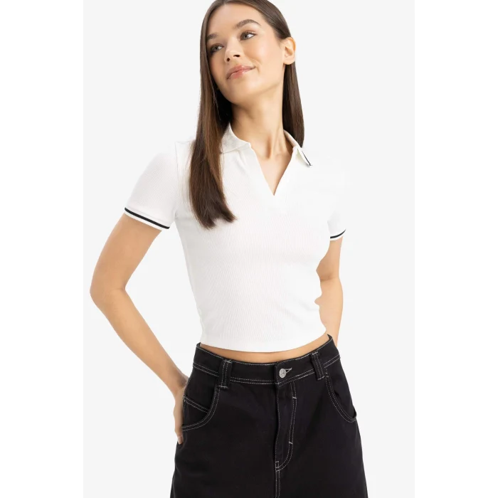 Defacto E7906 Beyaz Fitted Polo Yaka Fitilli Kaşkorse Kısa Kollu Tişört