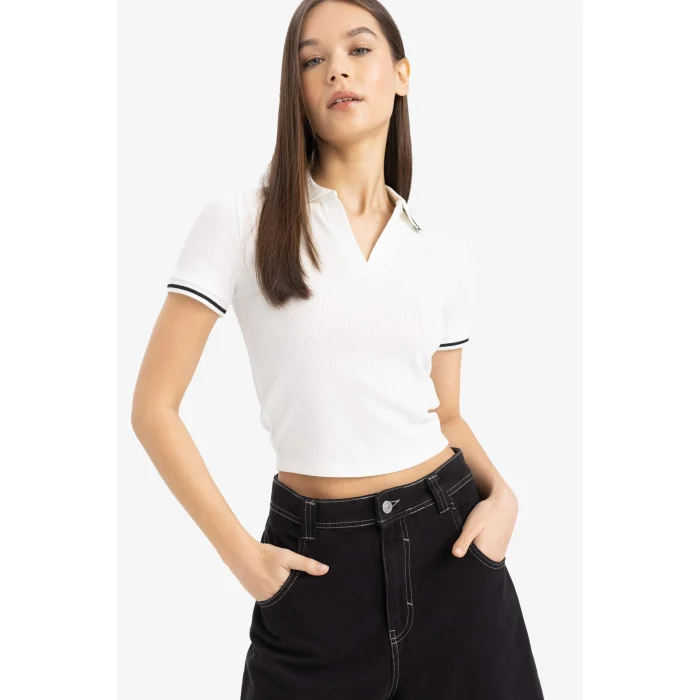 Defacto E7906 Beyaz Fitted Polo Yaka Fitilli Kaşkorse Kısa Kollu Tişört
