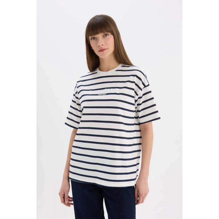 Defacto E5058 Lacivert Oversize Geniş Kalıp Bisiklet Yaka Çizgili Penye Kısa Kollu Tişört