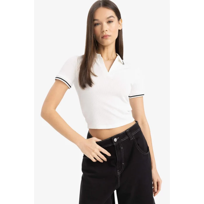 Defacto E7906 Beyaz Fitted Polo Yaka Fitilli Kaşkorse Kısa Kollu Tişört