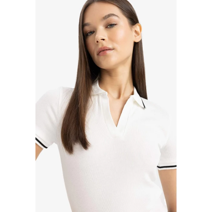 Defacto E7906 Beyaz Fitted Polo Yaka Fitilli Kaşkorse Kısa Kollu Tişört