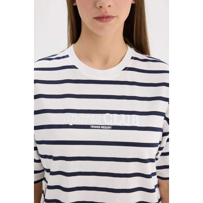 Defacto E5058 Lacivert Oversize Geniş Kalıp Bisiklet Yaka Çizgili Penye Kısa Kollu Tişört