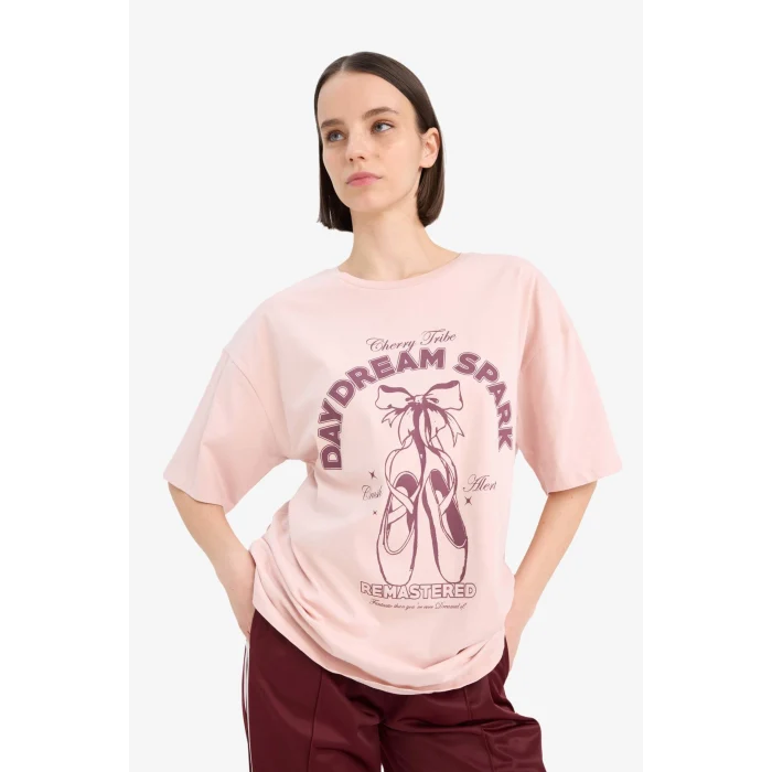 Defacto E7636 Bordo Coool Oversize Geniş Kalıp Bisiklet Yaka Baskılı Kısa Kollu Tişört