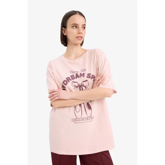 Defacto E7636 Bordo Coool Oversize Geniş Kalıp Bisiklet Yaka Baskılı Kısa Kollu Tişört