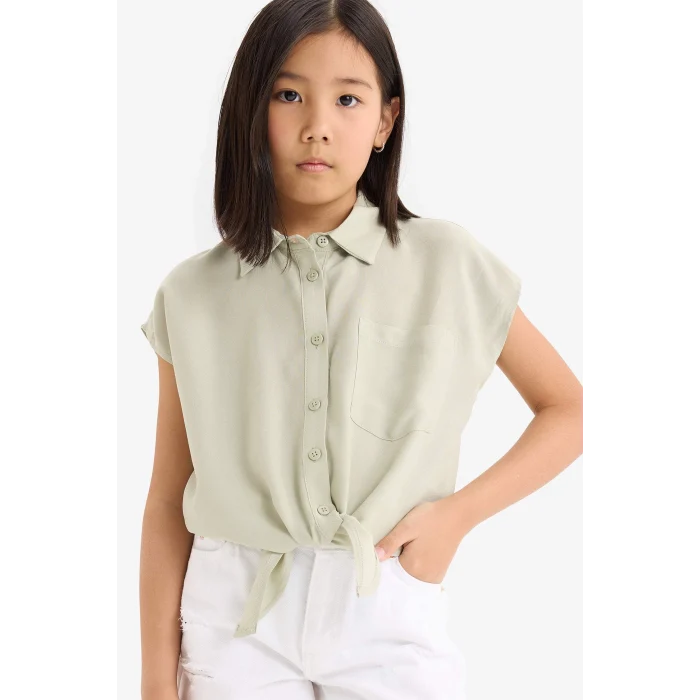 Defacto D7646 Yeşil Kız Çocuk Crop Önden Bağlamalı Pamuklu Kısa Kollu Gömlek