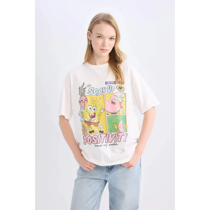 Defacto D9105 Beyaz Coool SpongeBob Oversize Geniş Kalıp Bisiklet Yaka Baskılı Kısa Kollu Tişört