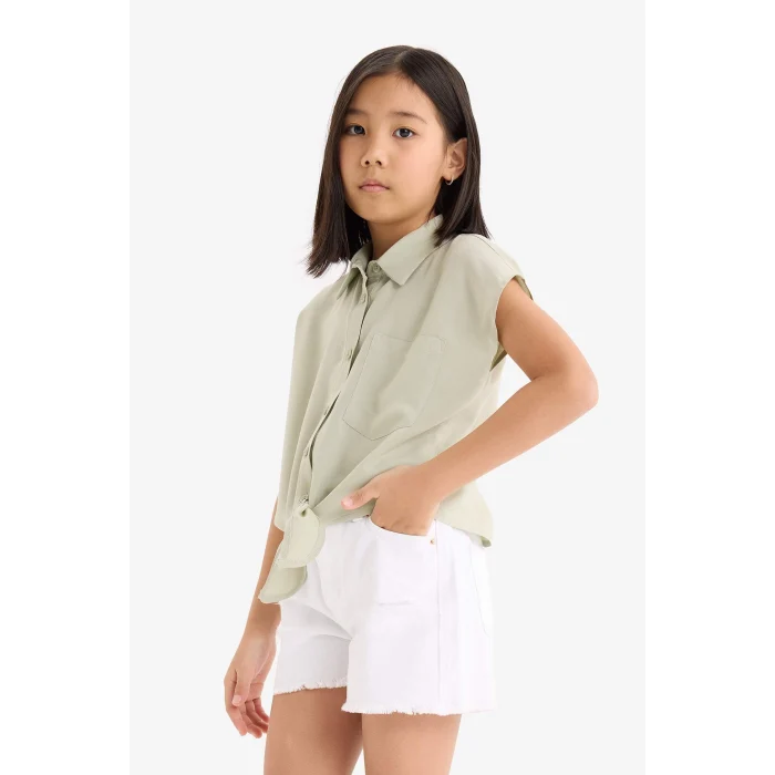 Defacto D7646 Yeşil Kız Çocuk Crop Önden Bağlamalı Pamuklu Kısa Kollu Gömlek