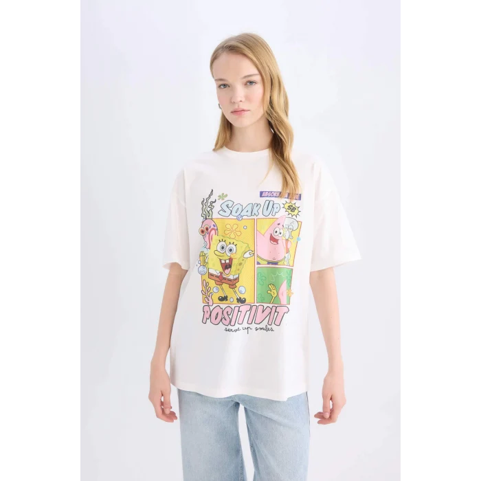 Defacto D9105 Beyaz Coool SpongeBob Oversize Geniş Kalıp Bisiklet Yaka Baskılı Kısa Kollu Tişört