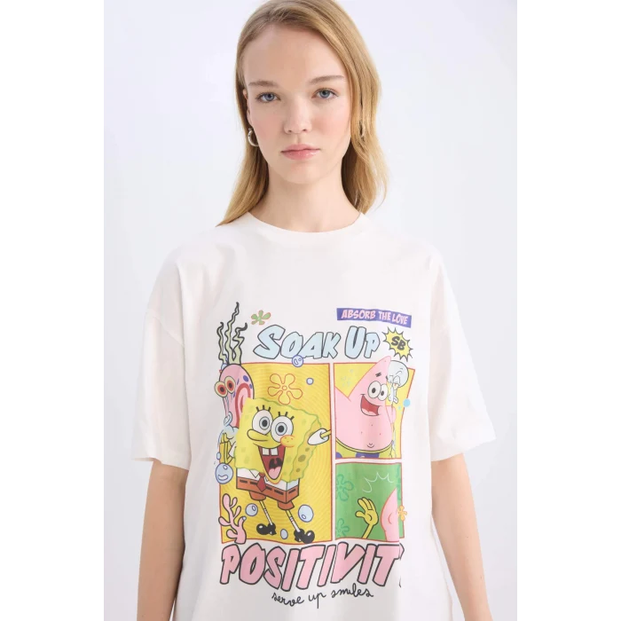 Defacto D9105 Beyaz Coool SpongeBob Oversize Geniş Kalıp Bisiklet Yaka Baskılı Kısa Kollu Tişört