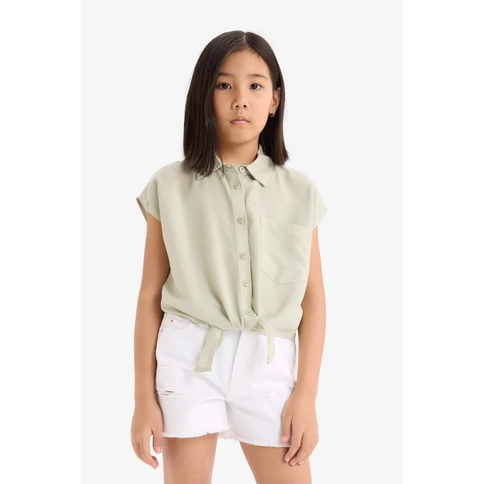 Defacto D7646 Yeşil Kız Çocuk Crop Önden Bağlamalı Pamuklu Kısa Kollu Gömlek