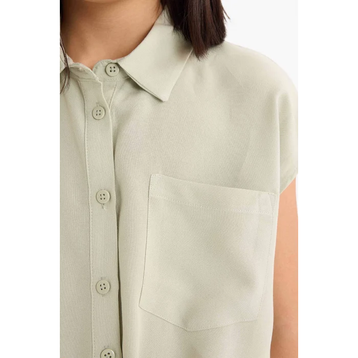 Defacto D7646 Yeşil Kız Çocuk Crop Önden Bağlamalı Pamuklu Kısa Kollu Gömlek