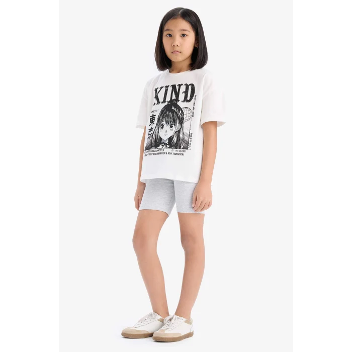 Defacto E7317 Ekru Kız Çocuk Pamuklu 2li Takım Baskılı Kısa Kollu Tişört Biker Tayt