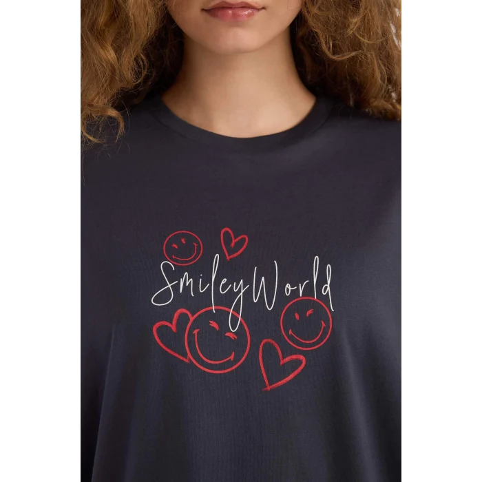 Defacto D9139 Antrasit SmileyWorld Oversize Geniş Kalıp Bisiklet Yaka Sırt Baskılı Kısa Kollu Tişört